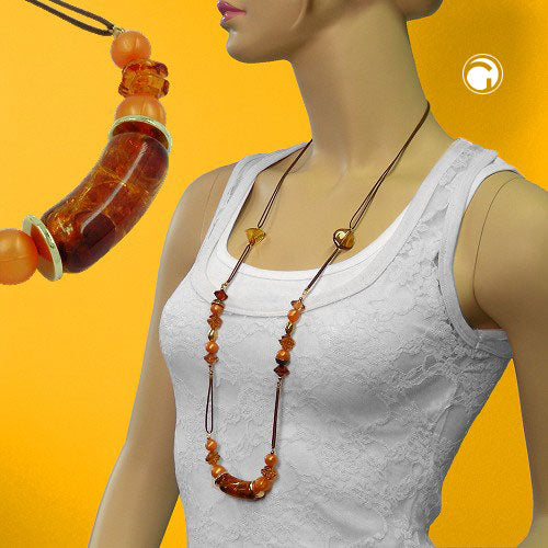 Halskæde plastikperler brun-crash orange-brun-guld snor brun 90 cm