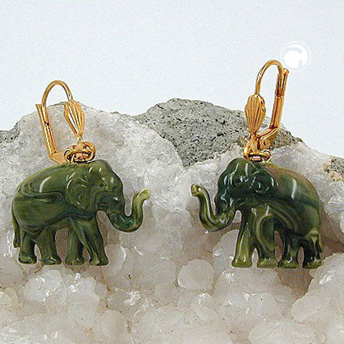 Leverback øreringe Øreringe 37x23mm guldfarvet elefant mini olivenmarmoreret plastik