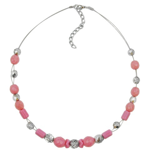 Kædetrådskæde med glasperler, facetkugle pink og krystal sølv-spejlet 42 cm