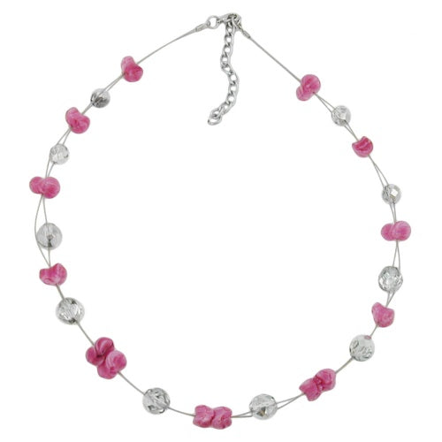 Kædetrådskæde med 12x7mm glasperler, antik pink og sølv, spejlet 42 cm.