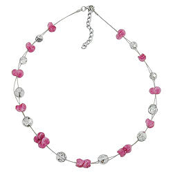 Kædetrådskæde med 12x7mm glasperler, antik pink og sølv, spejlet 42 cm.