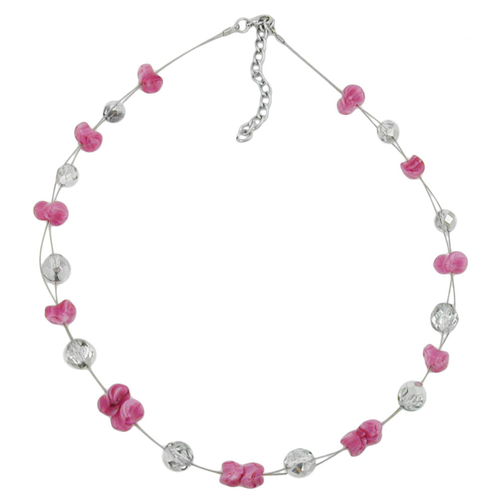 Kædetrådskæde med 12x7mm glasperler, antik pink og sølv, spejlet 42 cm.