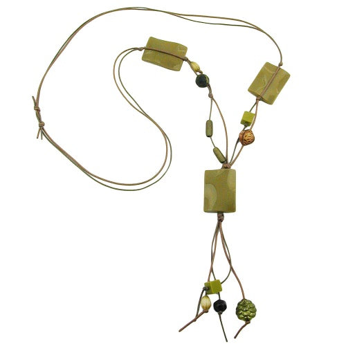 Kæde Y-formet 35x25mm 3x firkantet bølget olivenskinnende snor 90 cm