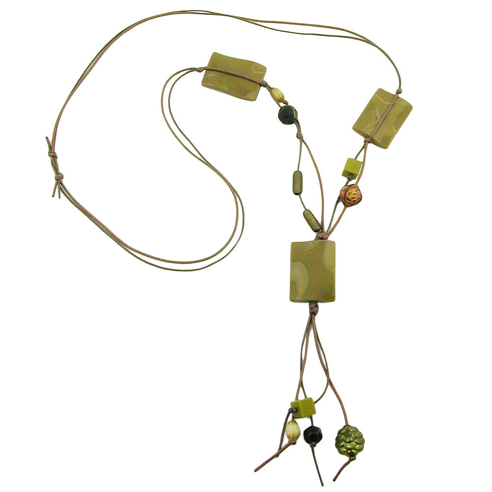Kæde Y-formet 35x25mm 3x firkantet bølget olivenskinnende snor 90 cm