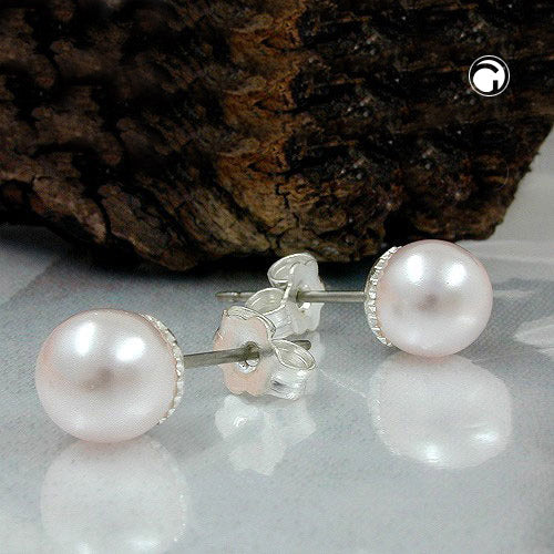 Ørestikker 7mm glaskugle Hvid voks Pink kunstperle