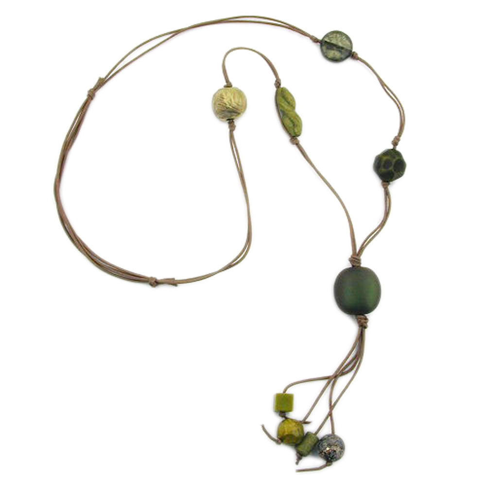 Halskæde 25mm Nugget Plastik khaki-oliven-skinnende snor olivenbrun 90cm