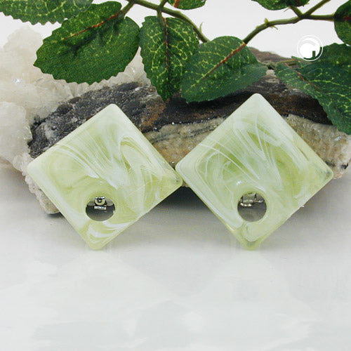 Clip-ørering 25x25 mm firkant med hul limegrøn marmoreret plastik Bouton