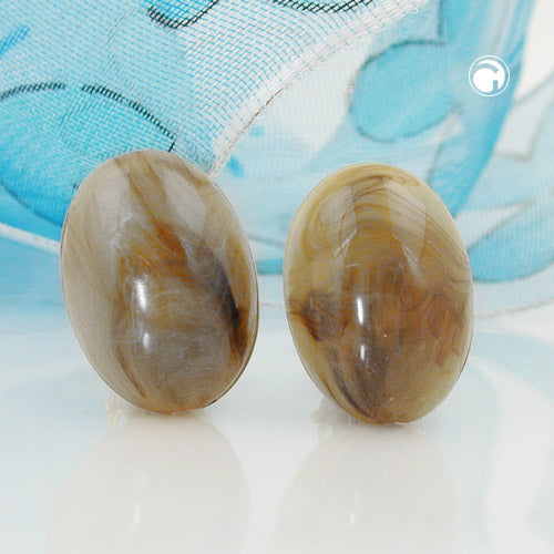 Clip ørering 18x13mm mini oval horn-brunmarmoreret skinnende plastikbouton
