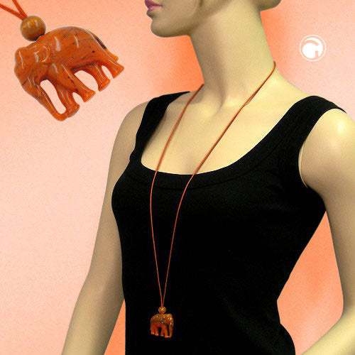 Kæde 35x32x18mm elefant plastik orange-sort marmoreret snor orange 90cm