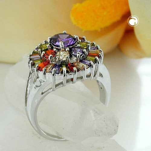 Ring med lilla og farverige glassten, 18 mm