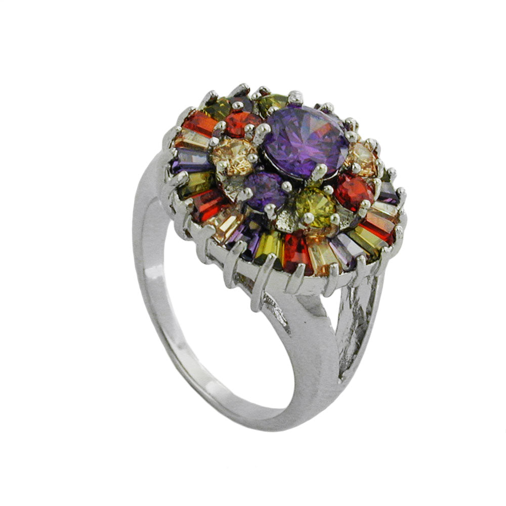 Ring med lilla og farverige glassten, 18 mm