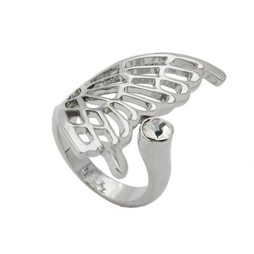 Ring 31x18mm halv sommerfuglvinge med 1 glassten rhodiumbelagt