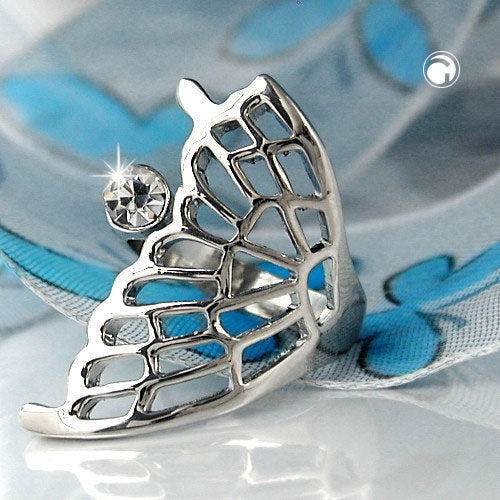 Ring 31x18mm halv sommerfuglvinge med 1 glassten rhodiumbelagt