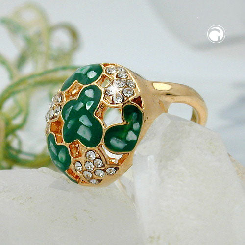 Ring 17mm med hvide glassten, grønne emaljeoverflader med guldbelægning
