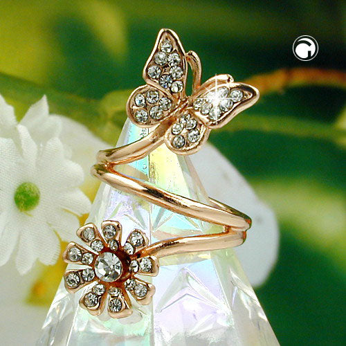 Ring 32 mm sommerfugl og blomst med hvide glassten rød guld belagt