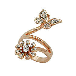 Ring 32 mm sommerfugl og blomst med hvide glassten rød guld belagt