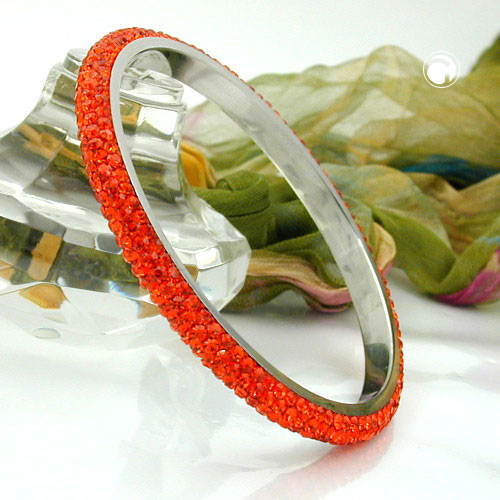Armbånd 75x6,5 mm metal med 4 rækker glassten rød-orange
