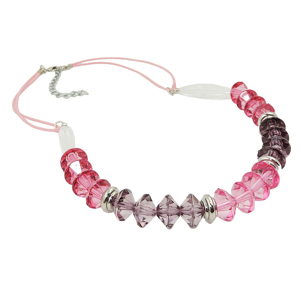Kæde 12x9mm facetperle i plast pink-pink med snor pink 45 cm