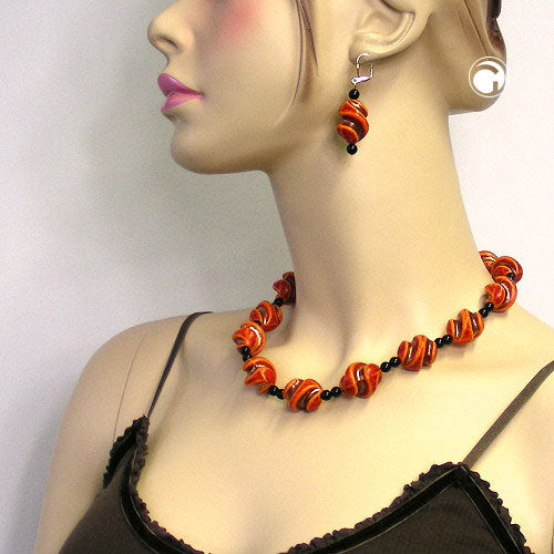 Leverback øreringe Øreringe 54x19 mm guldtonede skrueperler rød-orange sort plastik