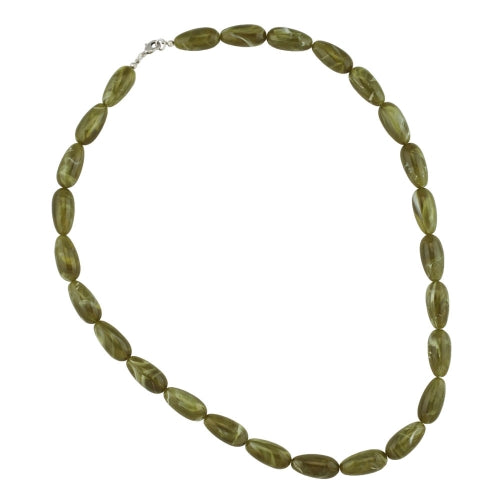 Halskæde 22x11mm pæreperle i plast oliven-hvid-marmoreret skinnende 60 cm