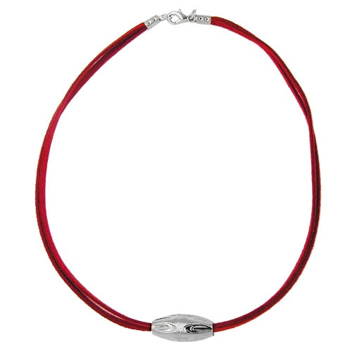 Halskæde plastikkugle rillet olivenfarvet krom skinnende velourbånd rød 42cm