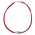 Halskæde plastikkugle rillet olivenfarvet krom skinnende velourbånd rød 42cm
