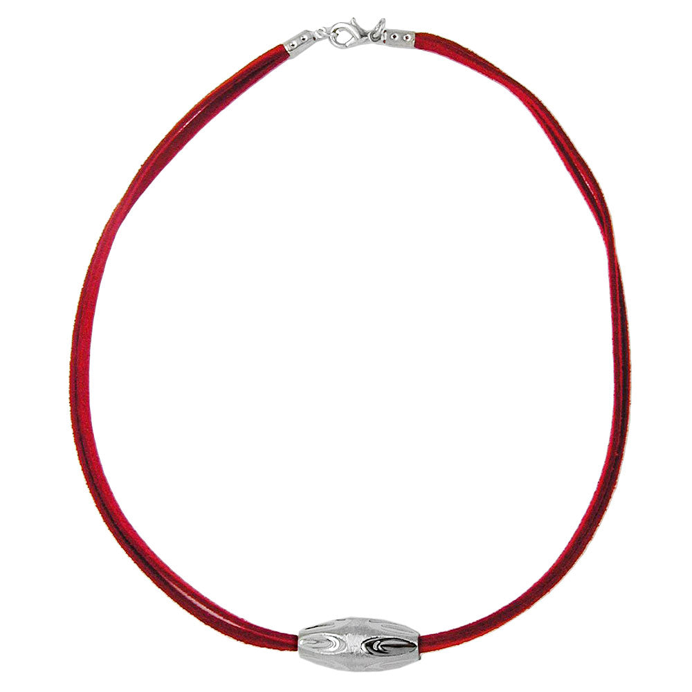 Halskæde plastikkugle rillet olivenfarvet krom skinnende velourbånd rød 42cm
