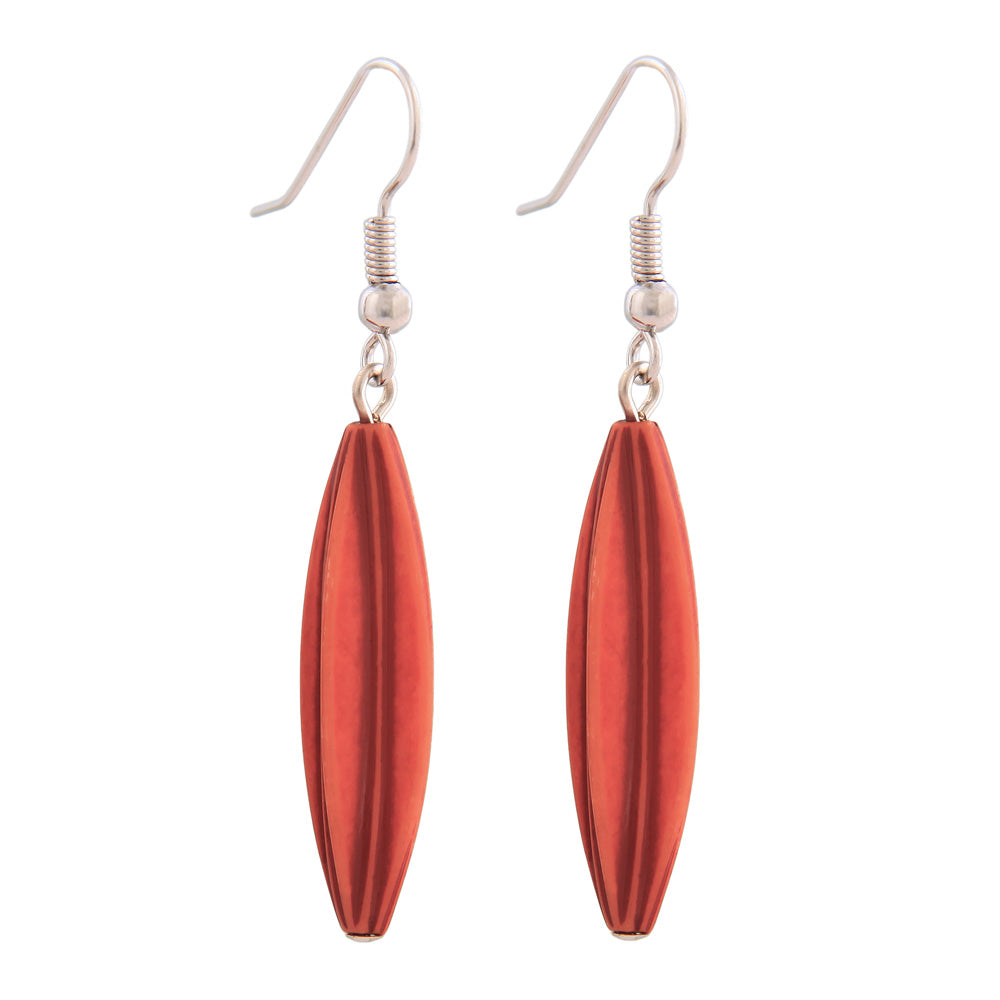 Øreledninger øreringe 30x9mm rillet oliven plastik orange-antik