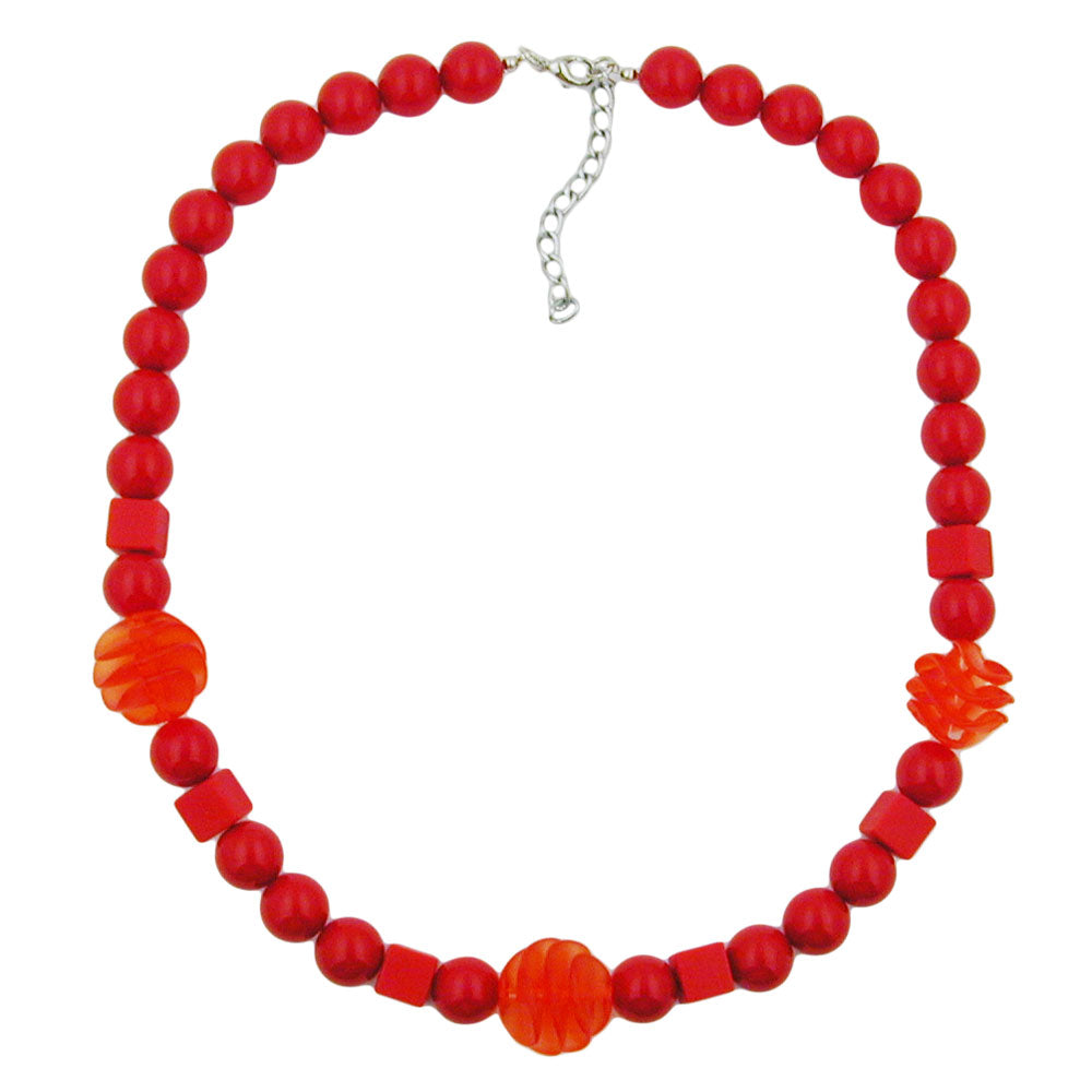 Halskæde 20 mm 3x spiralperle i plast rød gennemsigtig og røde perler 52 cm