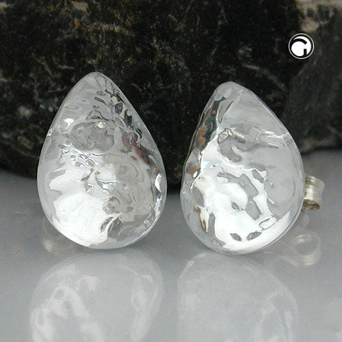 Stiftørering 14mm dropkrystal sølv spejlet hammeret plastik