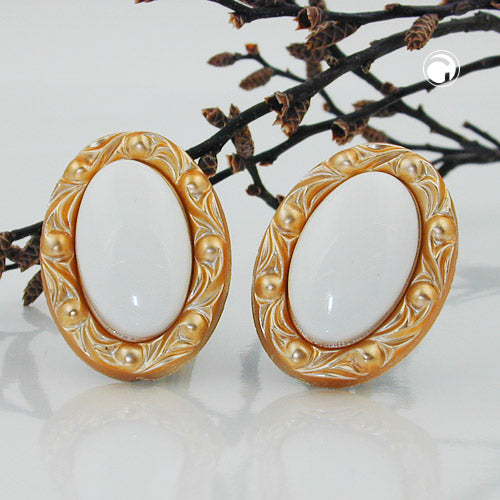 Clip ørering 30x21mm oval hvid med ramme i guldfarvet plastik bouton