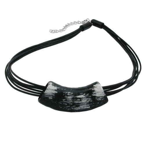 Kæde, 54x19mm, vedhæng, rør, flad, buet, sort-sølv, blank, plastik, 45 cm