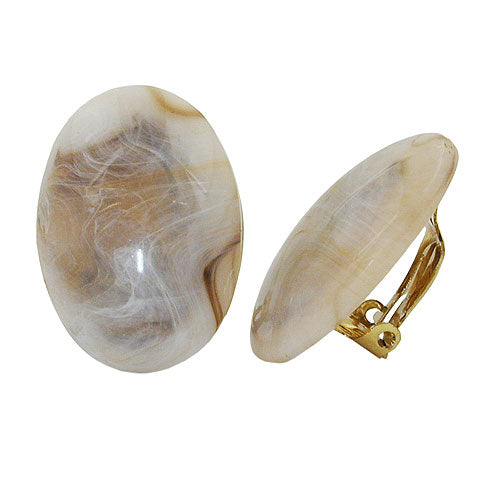Clip Earring 27x19mm oval beige-hornmarmoreret skinnende plastikbouton