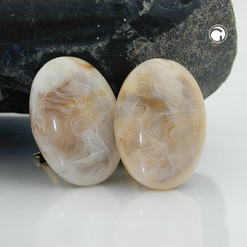 Clip Earring 27x19mm oval beige-hornmarmoreret skinnende plastikbouton