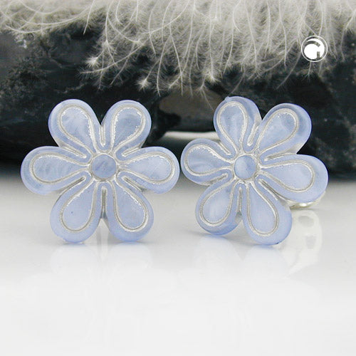 Clip ørering 30mm blomster lyseblå-gennemsigtig-sølv mat plastik bouton