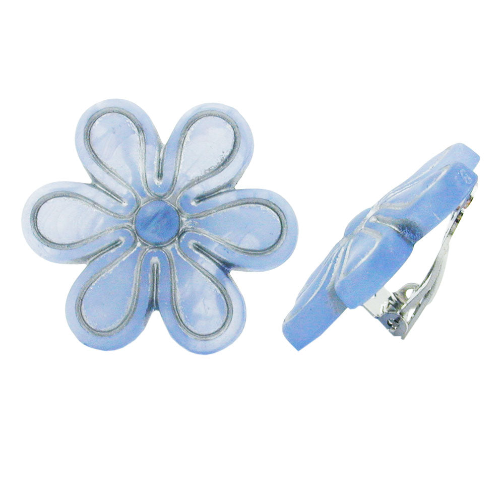 Clip ørering 30mm blomster lyseblå-gennemsigtig-sølv mat plastik bouton