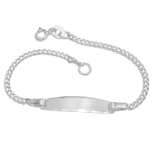 Skjoldarmbånd til børn 2 mm kantkæde graveret plade 23x5 mm mat diamant sølv 925 14 cm