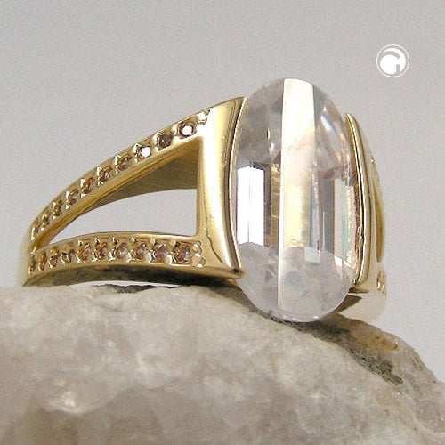 Forgyldt ring med oval hvid zirkonia, 14 × 8 mm