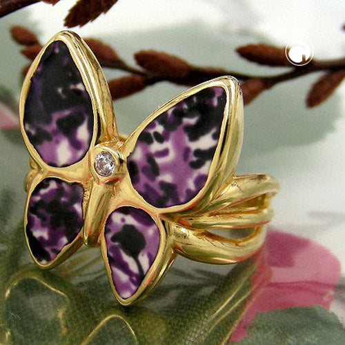 Ring 18x20mm Butterfly Lilla Malet 3 mikron Guldbelagt Ring Størrelse 64