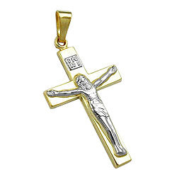 Vedhæng 27x16mm kors med Jesus bicolor, skinnende 9K GULD