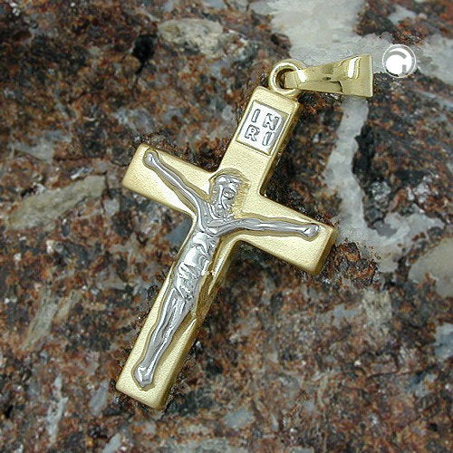 Vedhæng 27x16mm kors med Jesus bicolor, skinnende 9K GULD