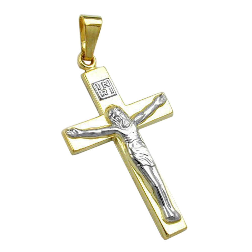 Vedhæng 27x16mm kors med Jesus bicolor, skinnende 9K GULD