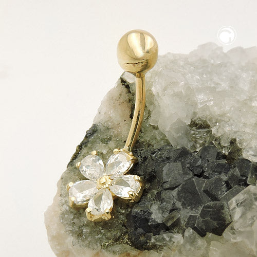 Navlepiercing Banan 23x10mm Blomst Kubisk Zirkonia 9Kt GULD