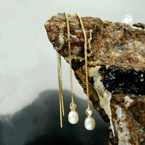 Pull-Through øreringe 93mm venetiansk kæde kultureret perle Cubic zirkonia 9Kt GULD