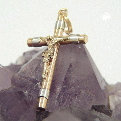 Vedhæng 25x14mm Cross Jesus bicolor rhodium belagt 9K GULD