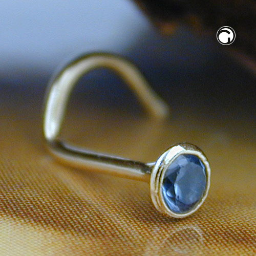 Næsestift 2,5 mm spiral med zirkonia akvamarin-lyseblå 18K GULD