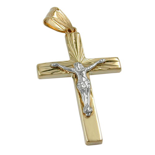 Vedhæng 34x17mm kors med Jesus bicolor, skinnende diamant 9K GULD