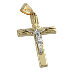 Vedhæng 34x17mm kors med Jesus bicolor, skinnende diamant 9K GULD