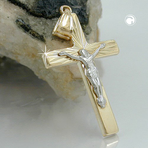 Vedhæng 34x17mm kors med Jesus bicolor, skinnende diamant 9K GULD