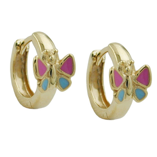 Hoop-øreringe 12x7mm Hængsel Butterfly pink-blå lakeret 9Kt GULD